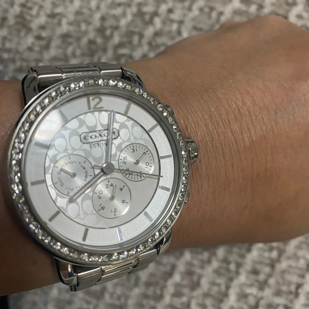 Coach Silver Stainless Steel Crystal Bezel Women's Watch New Battery
